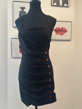 Finders Keepers Effy Ruched Mini Black Dress with Side Buttons. Size M